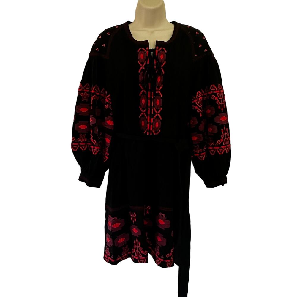Central Park West Embroidered Dress Boho Puff Sleeves Peasant Black Red Size Sm